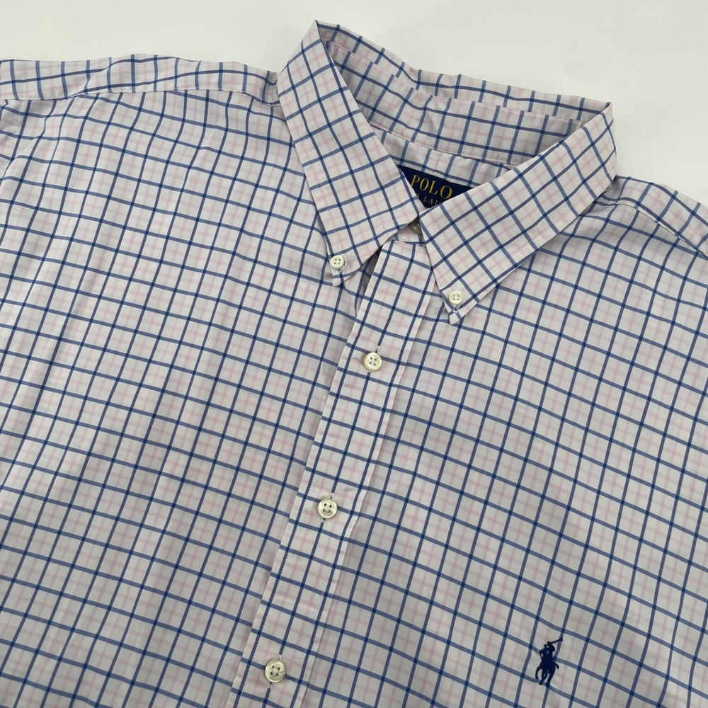 Polo Ralph Lauren Button Down Mens 2XB Pink Blue Check Performance Short Sleeve